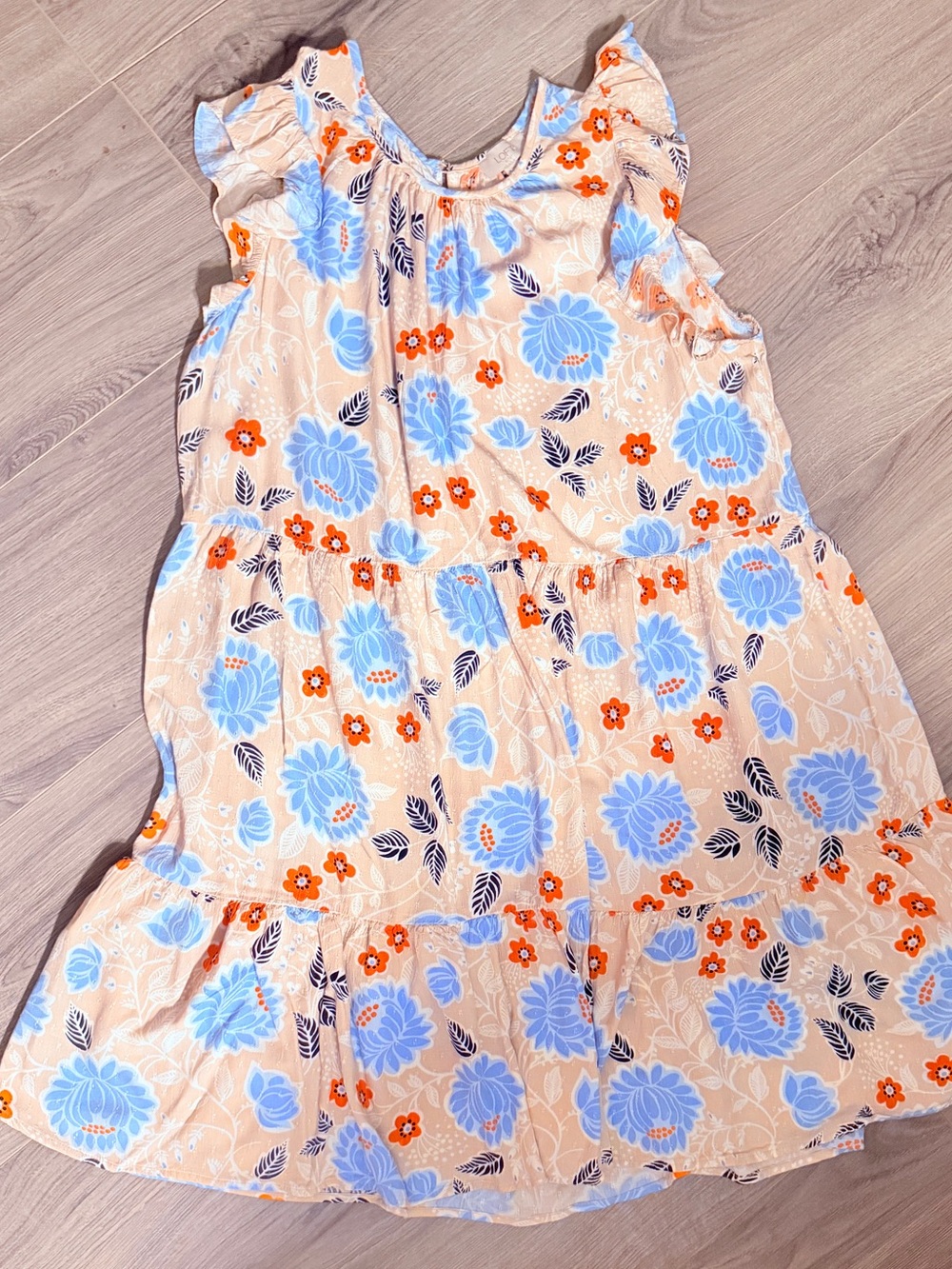 LOFT Women’s Peach Floral Tiered Dress with Blue & Orange Print